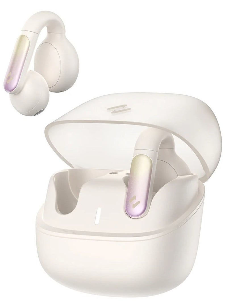 هافيت سماعات أذن لاسلكية TWS مفتوحة ومكبّسة مع تصميم مشبك – سماعات بلوتوث V5.3 مع ميكروفون مزدوج، إلغاء ضوضاء ذكي للمكالمات، صوت ستيريو عالي الجودة HiFi، تصميم مريح، مقاومة للماء والعرق بتصنيف IPX4، عمر بطارية طويل 23 ساعة مع علبة الشحن، شحن سريع بمنفذ تايب سي، تحكم ذكي باللمس، مكالمات بدون استخدام اليدين للركض وصالة الألعاب والعمل، سماعة بلوتوث محمولة، لون بيج - Image 1